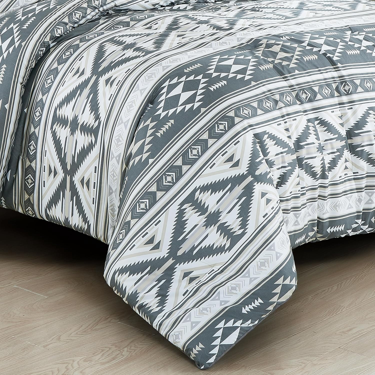 Chezmoi Collection Zella 3-Piece Southwestern Geometric Motif Comforter Set, Multicolor Gray White Light Brown Printed Washed Microfiber Bedding, Full