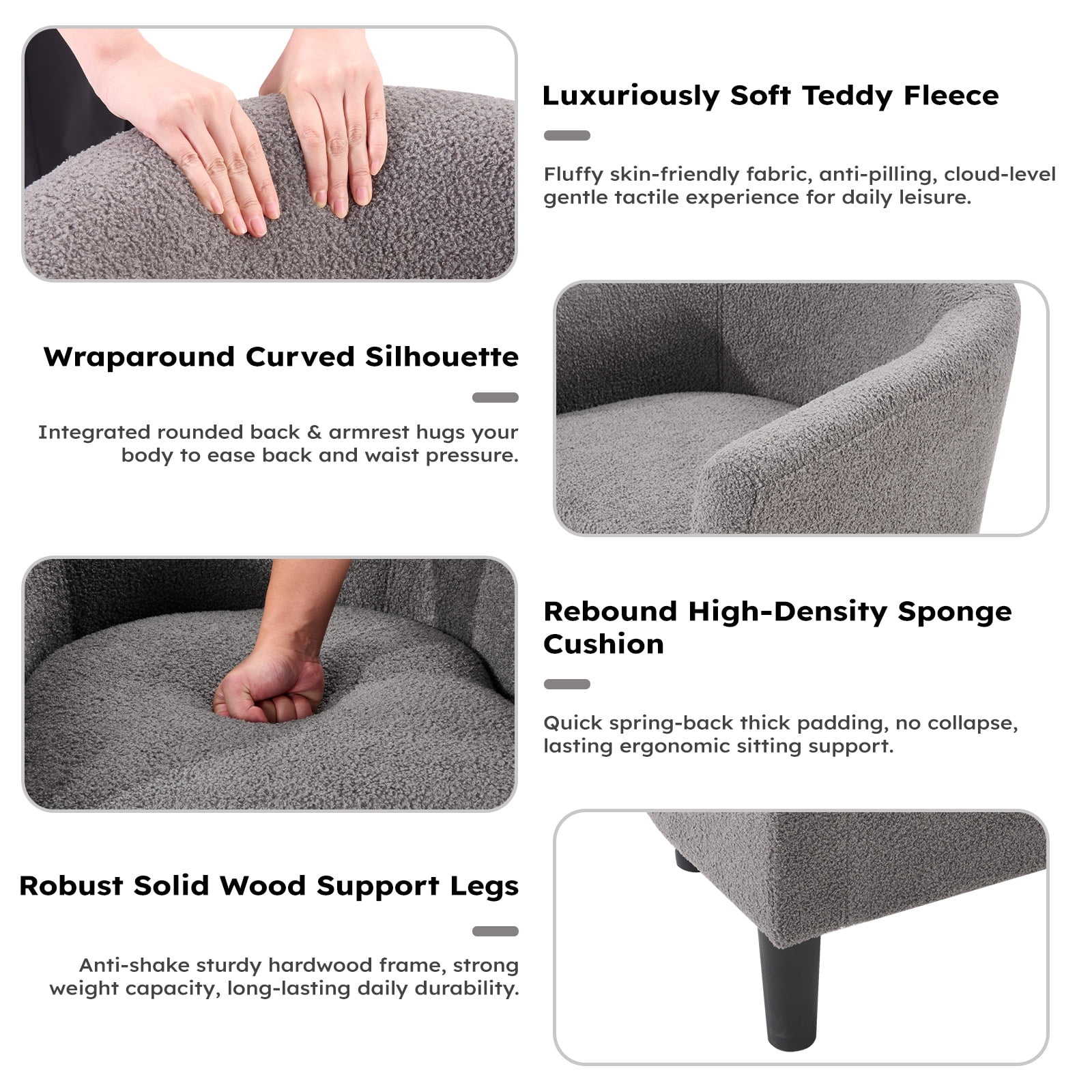 Bonzy Home Accent Barrel Chair, Teddy Fleece Upholstered Club Chair with Armrest Small Reading Chair, for Living Room, Bedroom & Reception Room, Gray