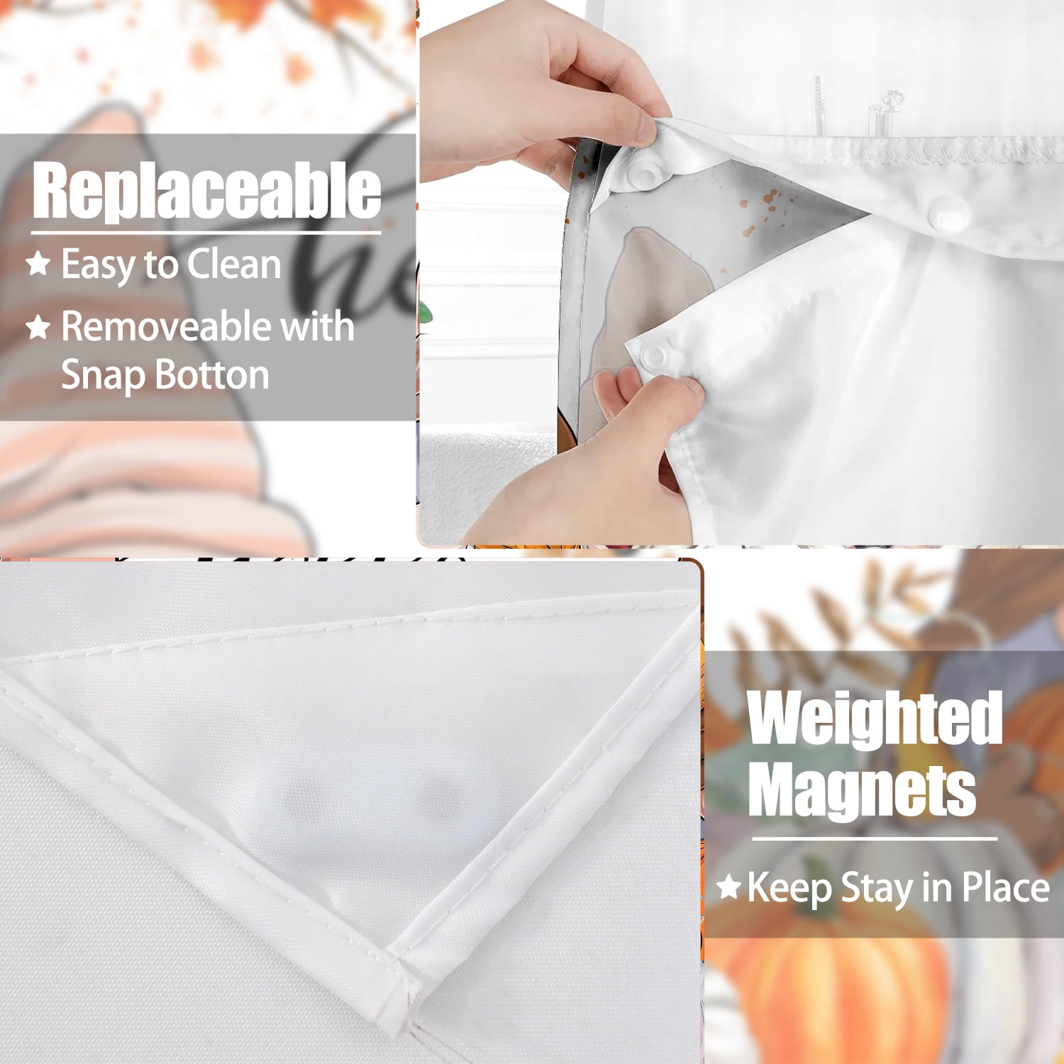 MIZHONA Fall Thanksgiving Shower Curtain with Snap in Liner,Gnomes and Pumpkin No Hook Fabric Bathroom Curtain,71"× 83"