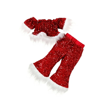 

Gwiyeopda Little Baby Girls Christmas Pants Set Sequined Short Sleeve Off-shoulder Patchwork Tops with Elastic Waist Flare Pants