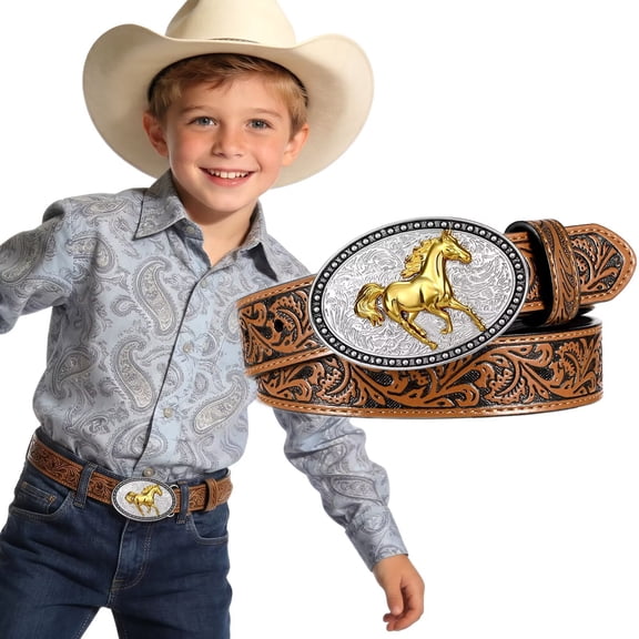 JASGOOD Kids Western Belt for Boys Girls Removable Buckle and Adjustable Embossed Leather Cowboy Cowgirls Belts