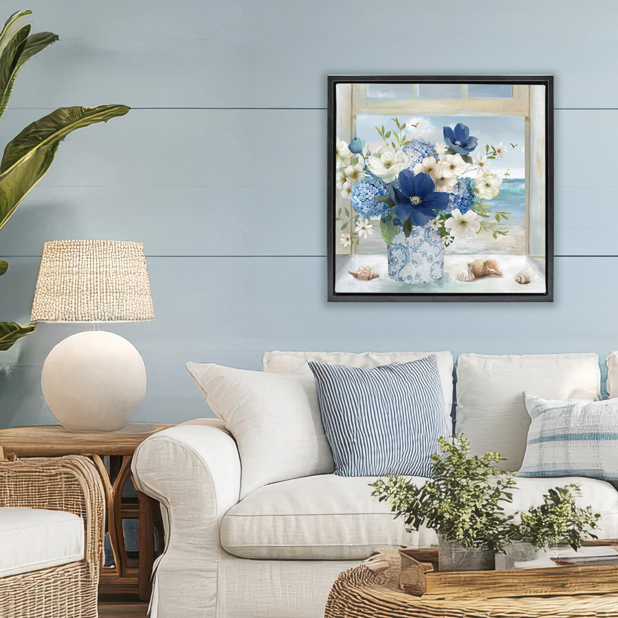 Stupell Industries Seaside Blue & White Arrangement Black Framed Floater Canvas Wall Art, design by Nan