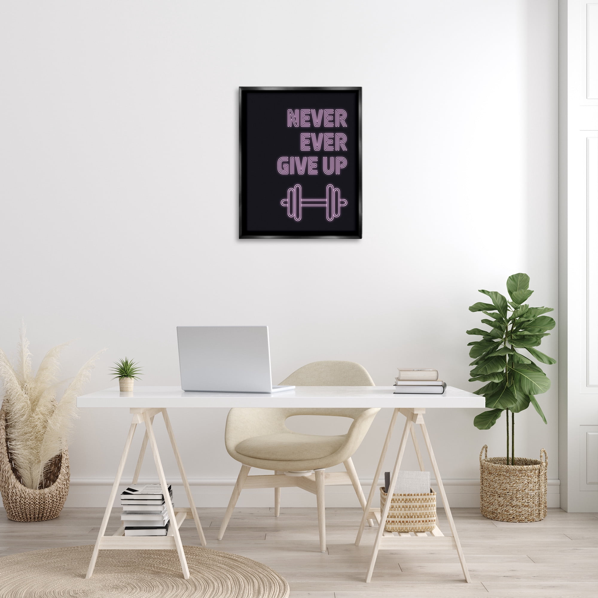 Stupell Industries Never Ever Give Up Inspirational Painting Black Floater Framed Canvas Art Print Wall Art, 25 x 31