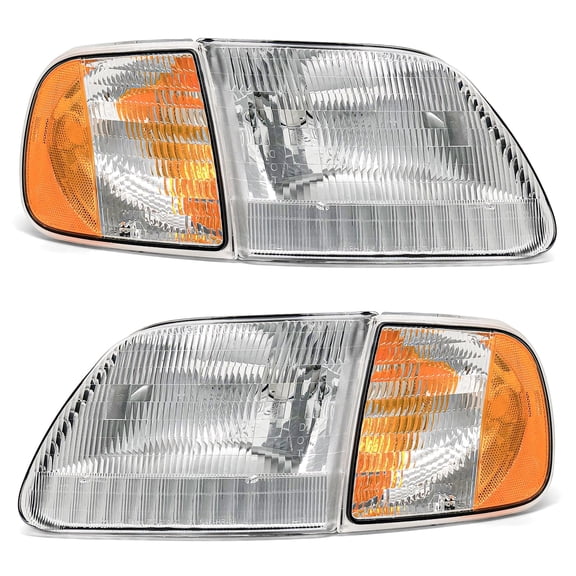 ADCARLIGHTS Headlight Compatible with Ford F-150 1997-2003/Ford F-150 Heritage 2004 Chrome Housing Amber Reflector Replacement Pair (Chrome Housing Amber Reflector Clear Lens)
