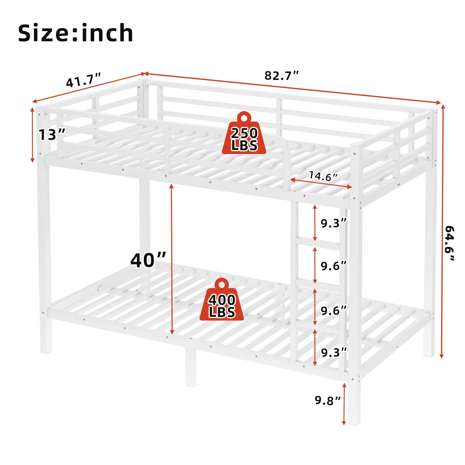 Miniyam Twin XL Over Twin XL Metal Bunk Bed with Top & Bottom Guardrails, Side Ladder, Quiet Metal Slats, White