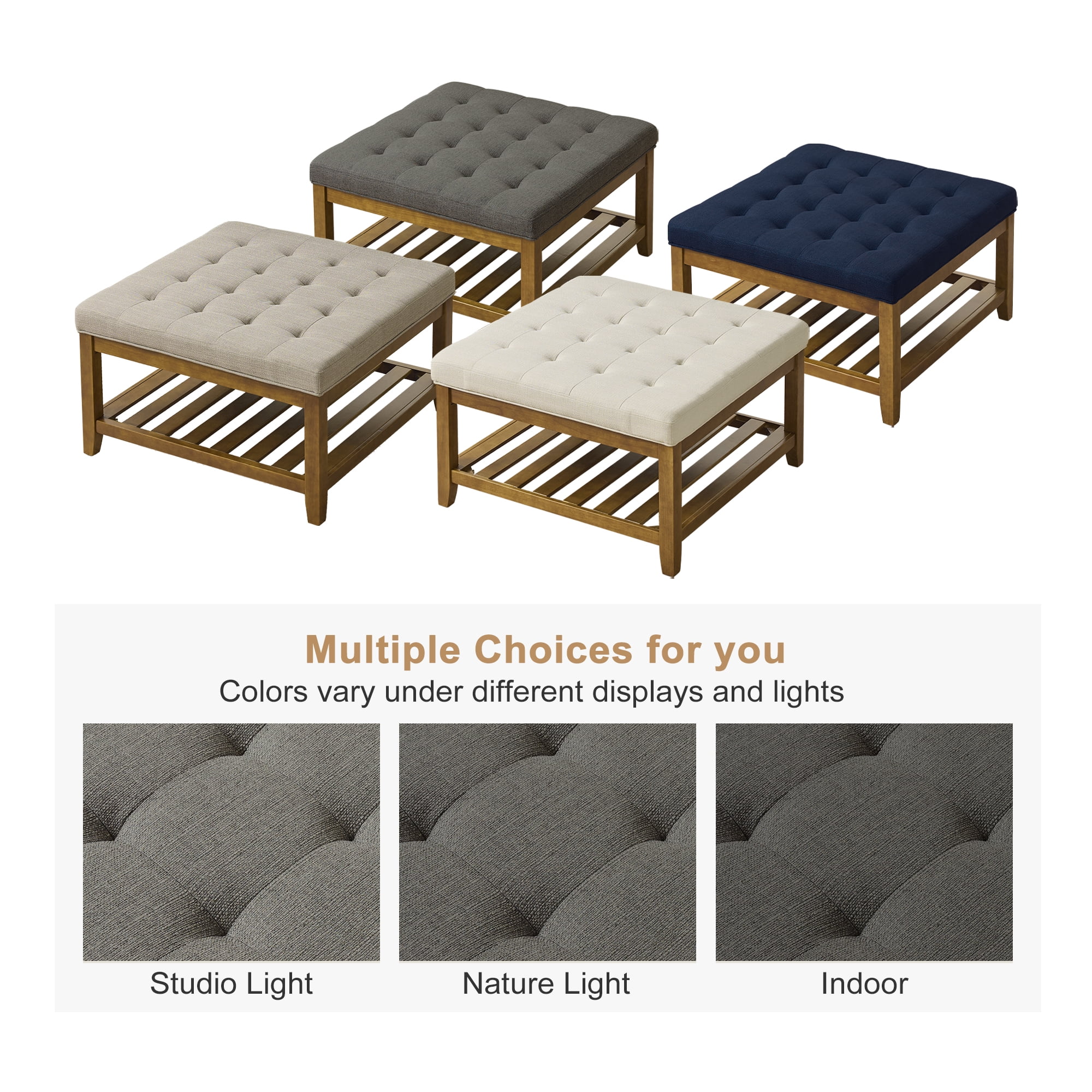 Square Upholstered Ottoman Coffee Table with Storage Shelf, Linen Fabric, Tufted Top, 31.9"x31.9", Granite