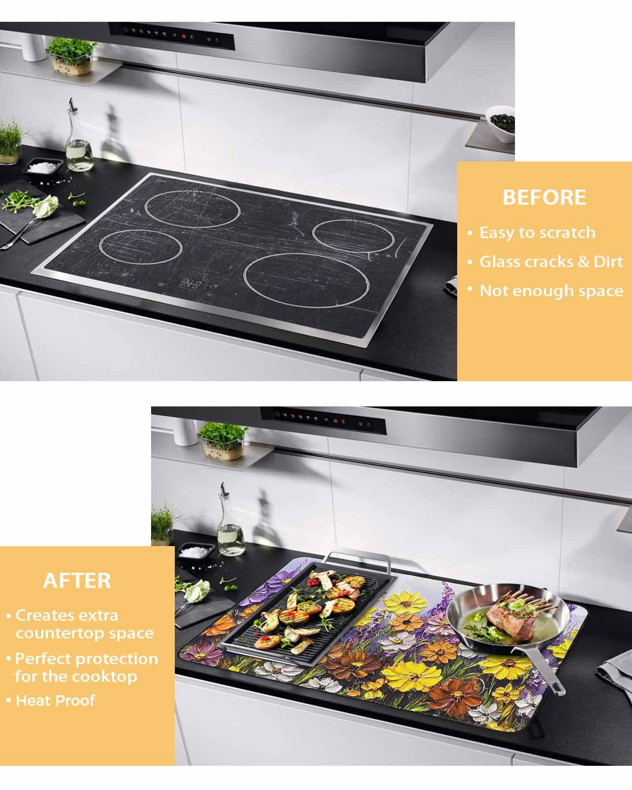 nqOlkjepod Large Induction Cooktop Protector Mat 36"x21", Vintage Flowers Stove Top Covers for Electric Stove, Spring Rustic Oil Painting Botanical Stove Burner Cover Mats, Glass Top Stove Cover