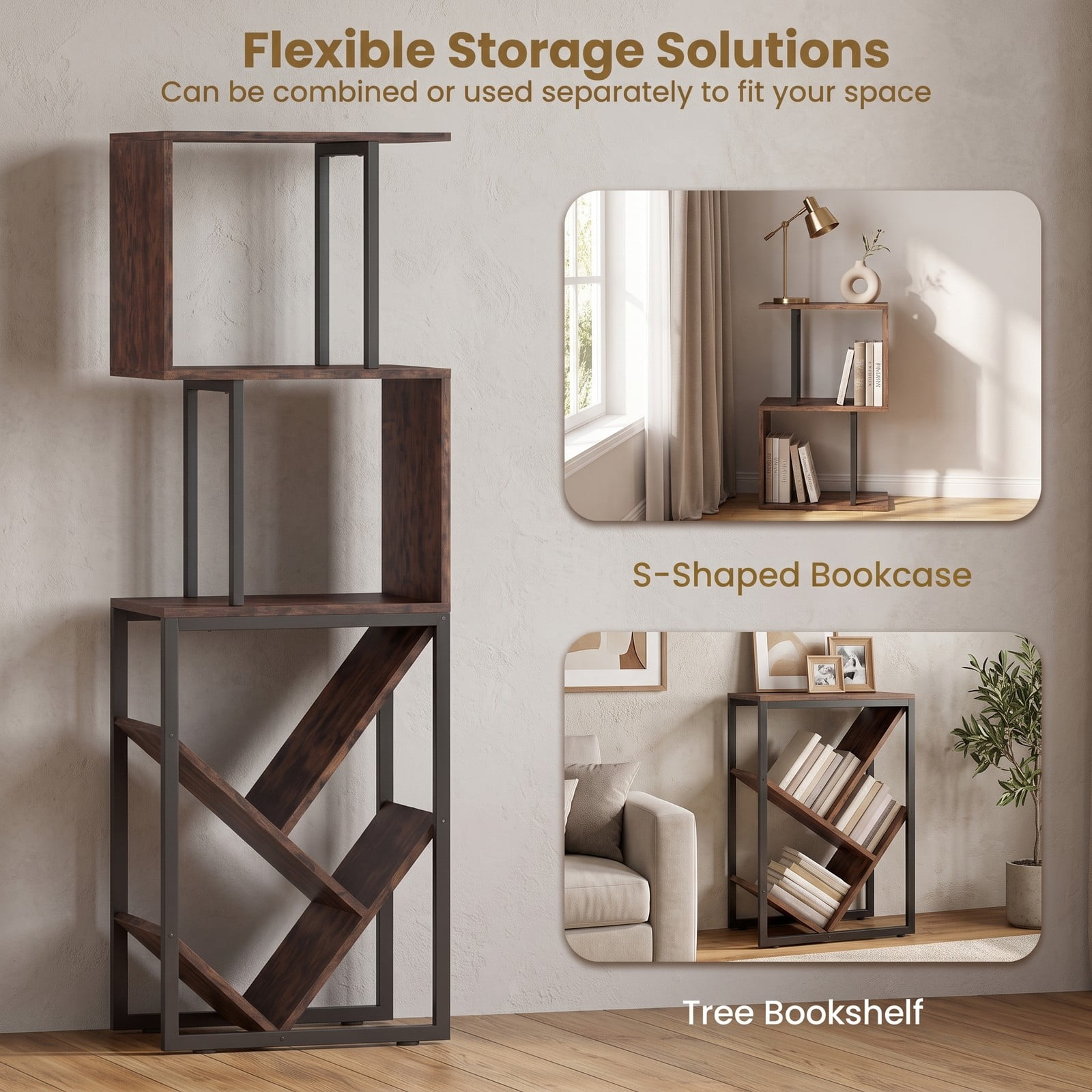 Furnibear 6-Tier S-Shaped Bookshelf, Tree Geometric Bookcase Floor Standing Storage Rack with Open Shelves and Anti-Tip Kit for Living Room, Rustic Brown and Black