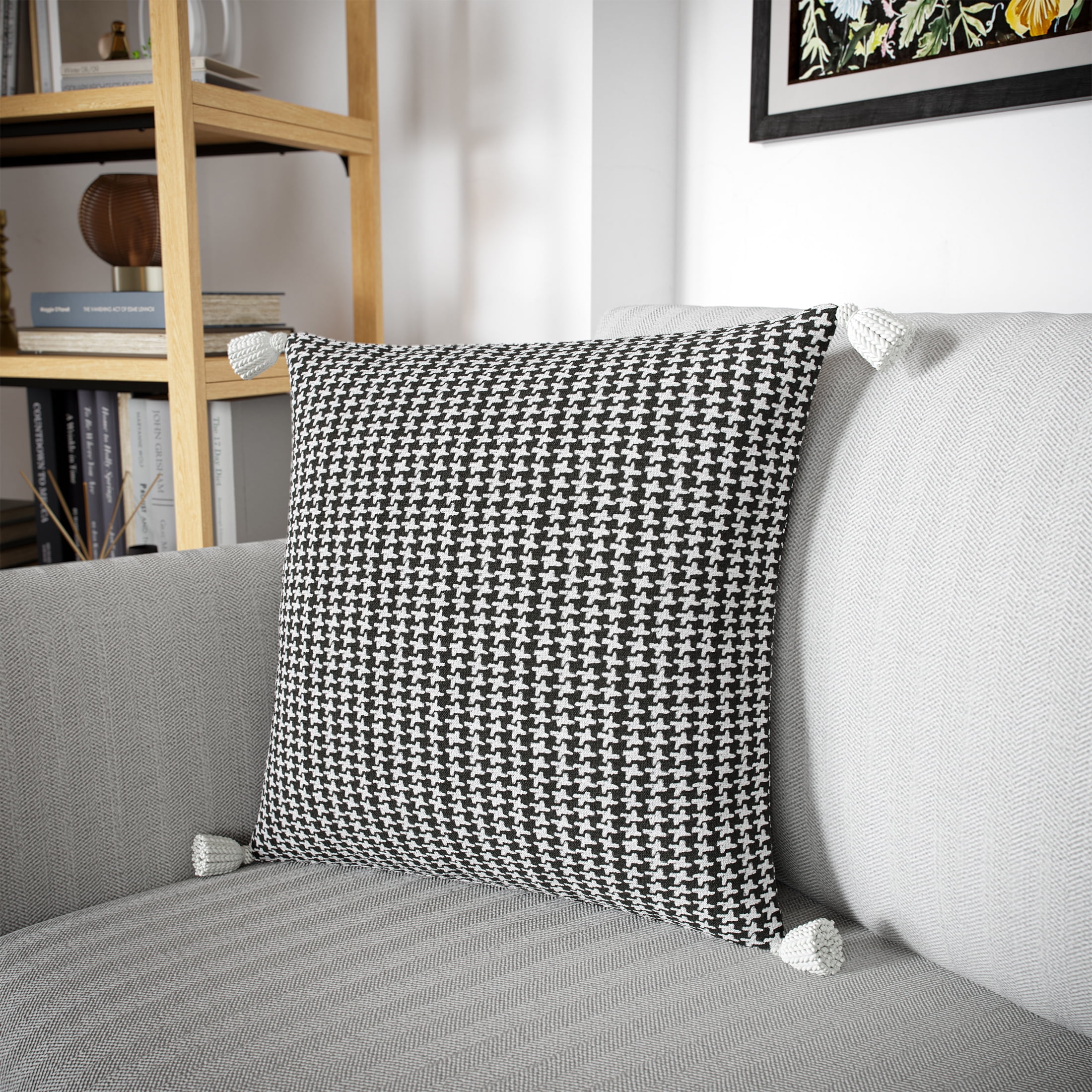 Beautiful Tonal Houndstooth Cotton Decorative Pillow with Tassels by Drew Barrymore, 22" x 22", Black