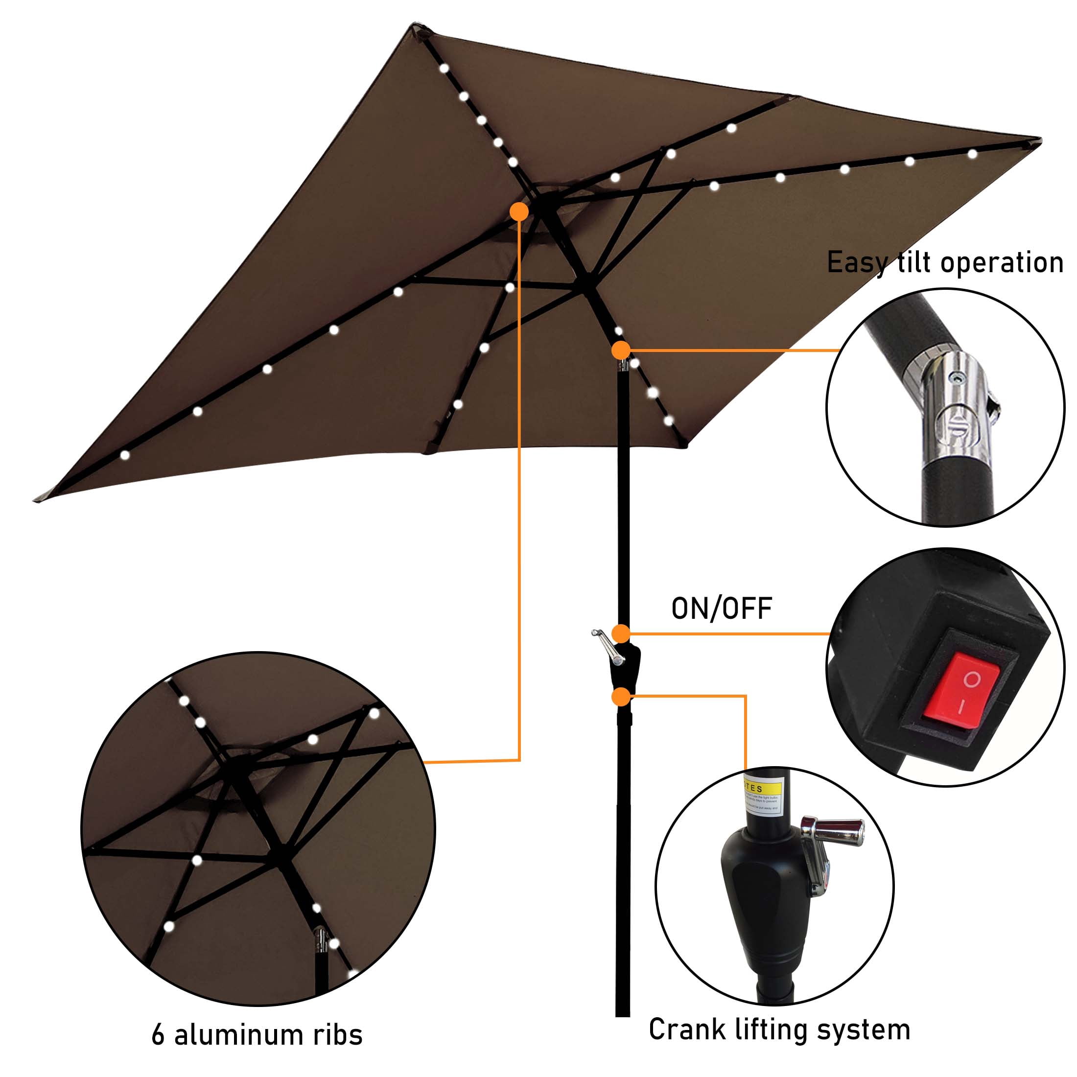 Aukfa 10 x 6.5ft Rectangular Patio Solar LED Lighted Outdoor Umbrellas for Market Beach Pool - Dark Chocolate