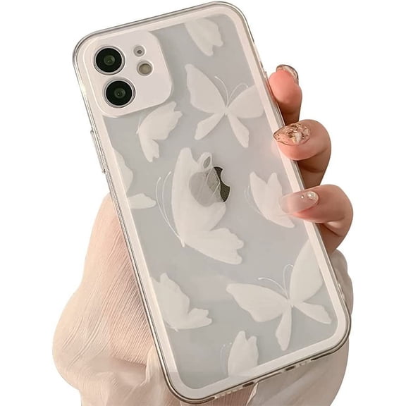 Compatible with iPhone 12 Case, with Clear Cute Butterfly White Case for Girls Woman Soft Slim TPU Drop Bumper Case for iPhone 12-White