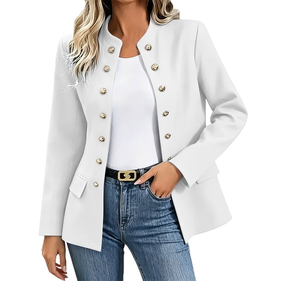 cocolona Womens Double-breasted Blazers for Women Open Front Button Vintage Jacket Solid Color Coat