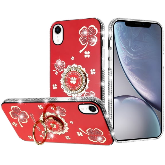 For iPhone XR Case Crystal Studded Ring Stand Bling Phone Cover Tempered Glass