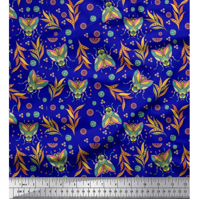 Soimoi Poly Georgette Fabric Leaves,Floral & Housefly Insects Printed Craft Fabric by The Yard 52 Inch Wide