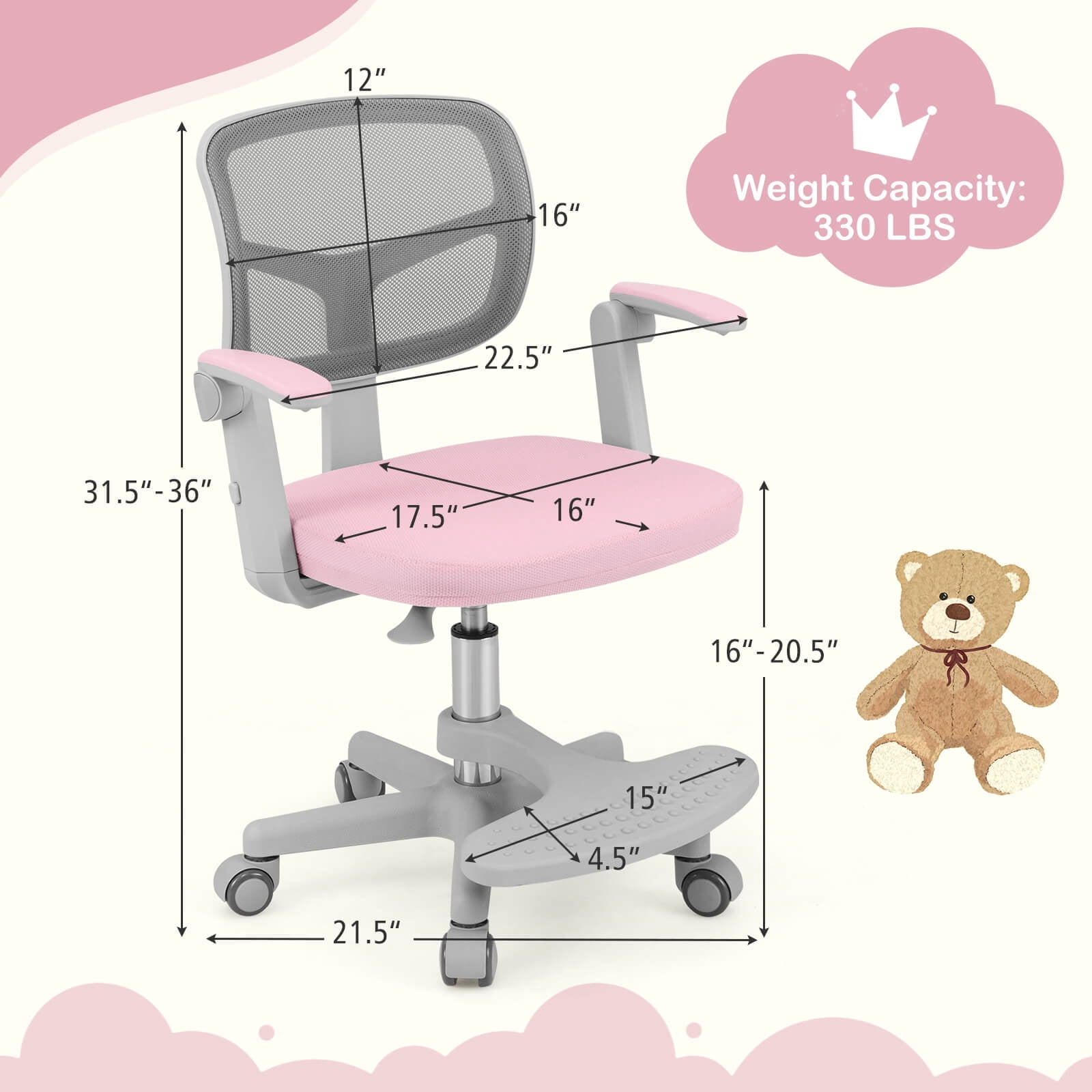 Costway Kids Desk Chair Children Study Chair with Adjustable Height, Armrest & Footrest Pink