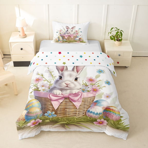 Erosebridal Kawaii Bow Rabbit Flowers Twin Bedding For Boys Girls,Kids Happy Easter Eggs Duvet Cover Set,2pcs,No Comforter,Ultra Soft Home Decor