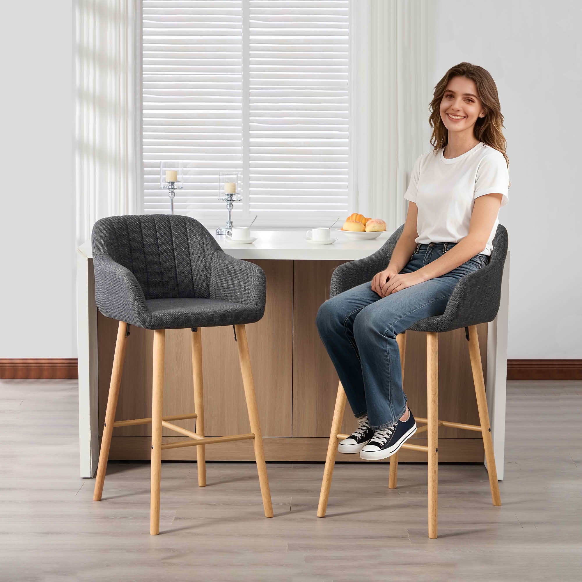 MAYEERTY Bar Stools Set of 2, Linen Kitchen Island Chairs with Back, Arms, Footrest and Solid Oak Legs, Black