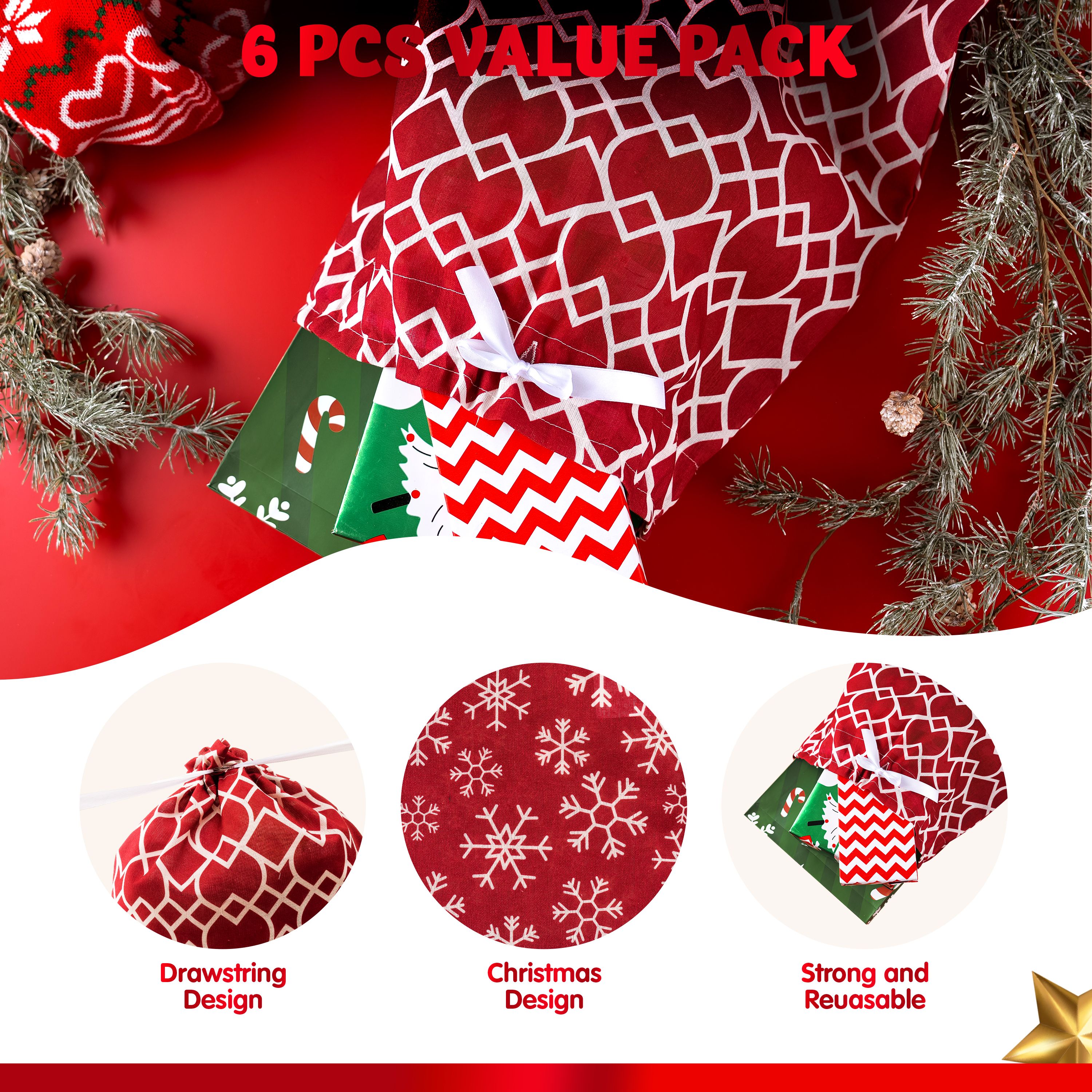 Joyfy Christmas Drawstring Gift Bags, 6-Piece Set photo 4