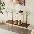 thumbnail image 1 of Rectangle Coffee Table Mid-Century Modern Design L W x H for Living Room - Structure Amber Glass Top and Walnut MDF Shelf Sleek Conical Metal Legs with Gold Finish, 1 of 9