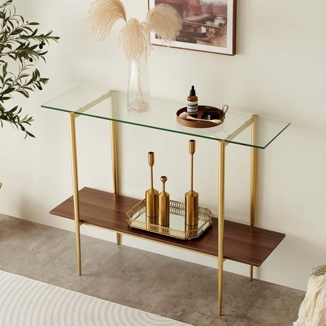 Rectangle Coffee Table Mid-Century Modern Design L W x H for Living Room - Structure Amber Glass Top and Walnut MDF Shelf Sleek Conical Metal Legs with Gold Finish