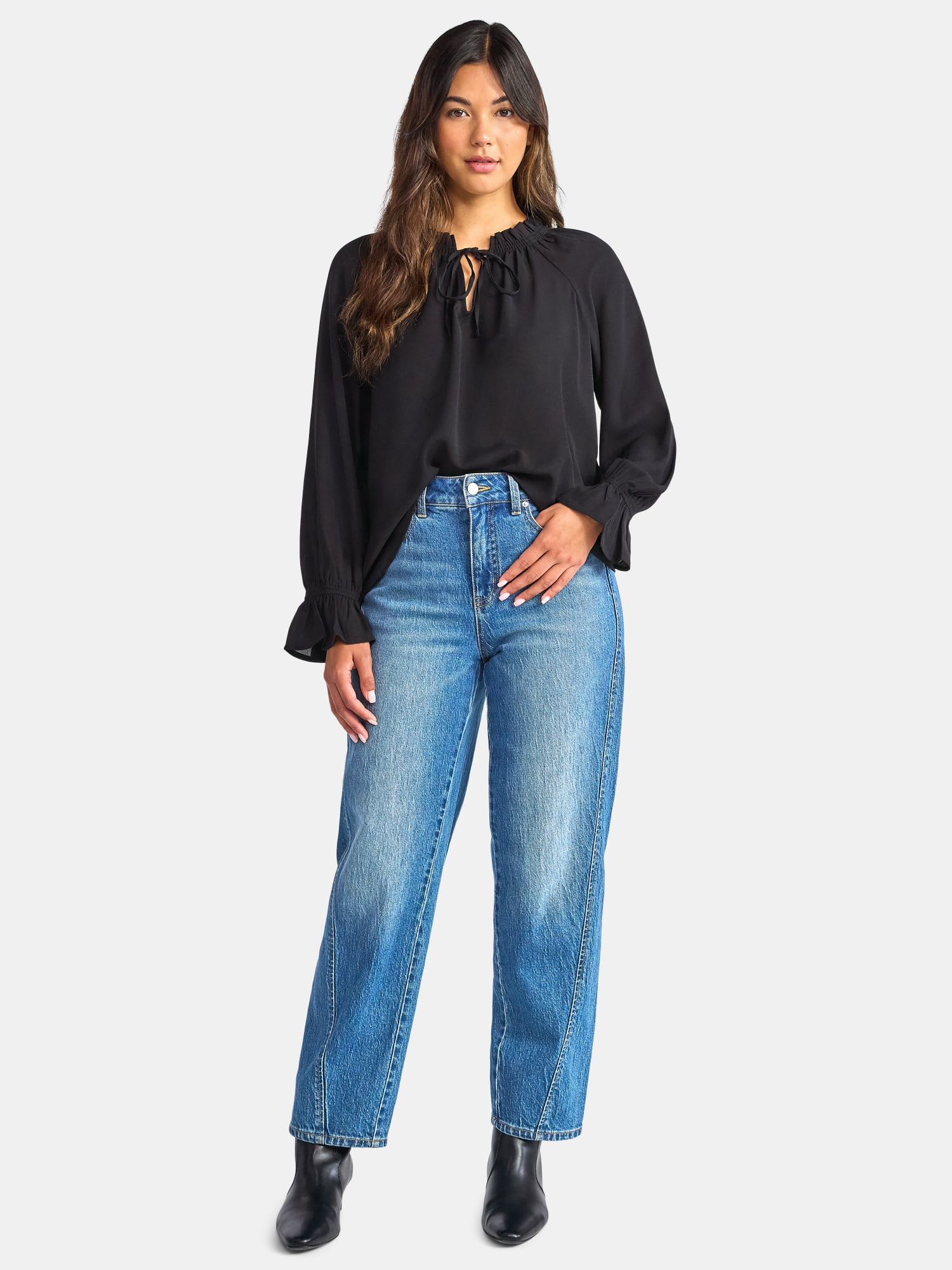 Time and Tru Women's Ruffle Neck Blouse with Long Sleeves, Size XS – XXXL