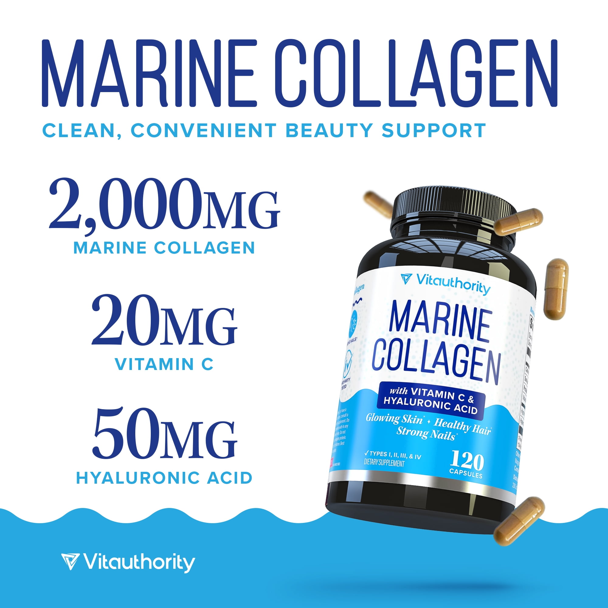 Marine Collagen Capsules Hyaluronic Acid & Vitamin C | Skin Elasticity, Hydration, Hair, Nail & Joint Support | Pescatarian-Friendly 30 Servings