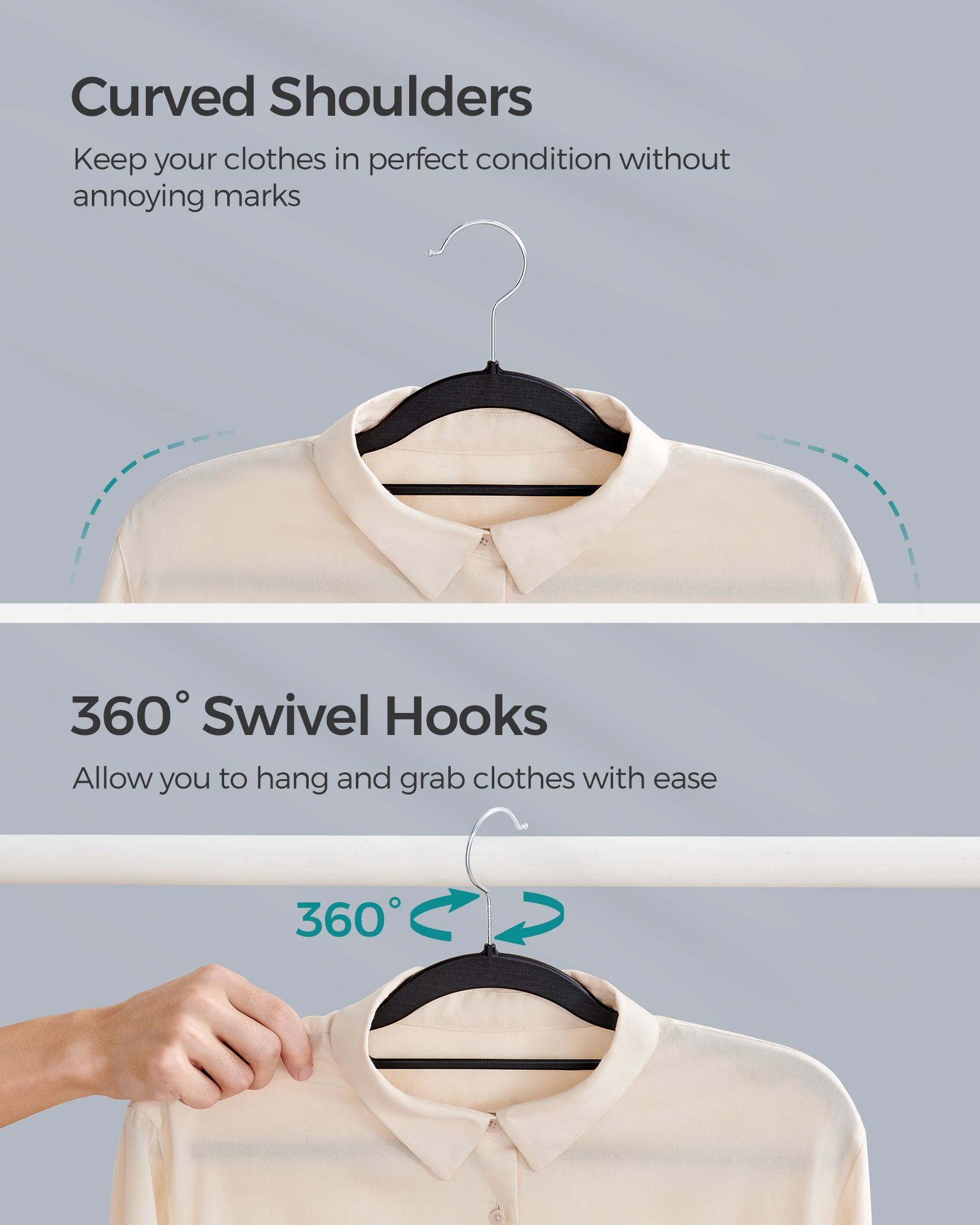 50 Pack Coat Hangers Non-Slip Clothes Hangers Space-Saving Plastic Hangers 360°Swivel Silver Hook Black