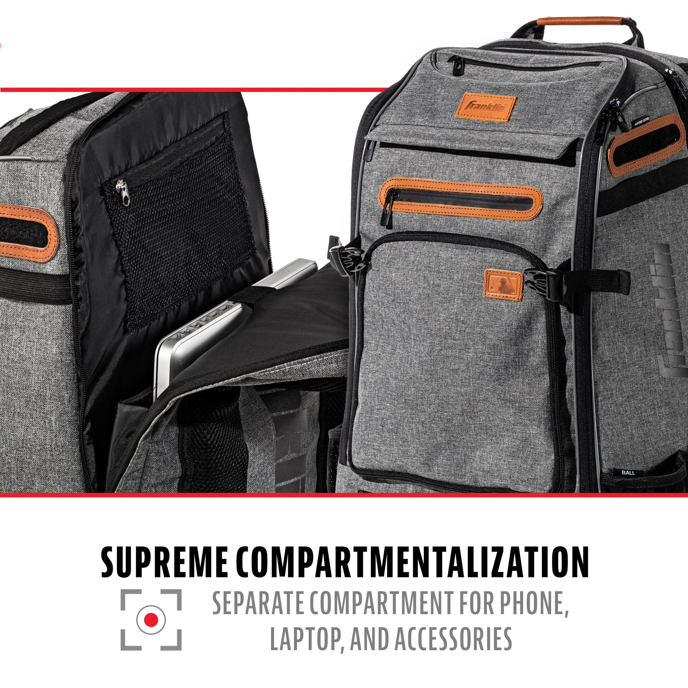 Franklin Sports MLB Traveler Elite Baseball Backpack - Adult + Youth Baseball Bag - Gray