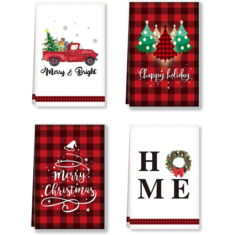 JOOCAR Christmas Kitchen Towel, Red Black Buffalo Plaid Santa