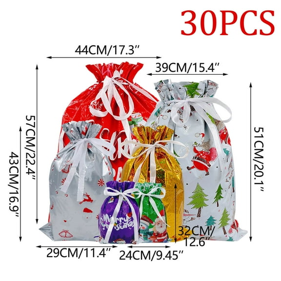 Christmas Drawstring Gift Bags Set - 30pcs Colorful Drawstring Foil Bags Featuring Festive Christmas Designs, 9.5x6.3in