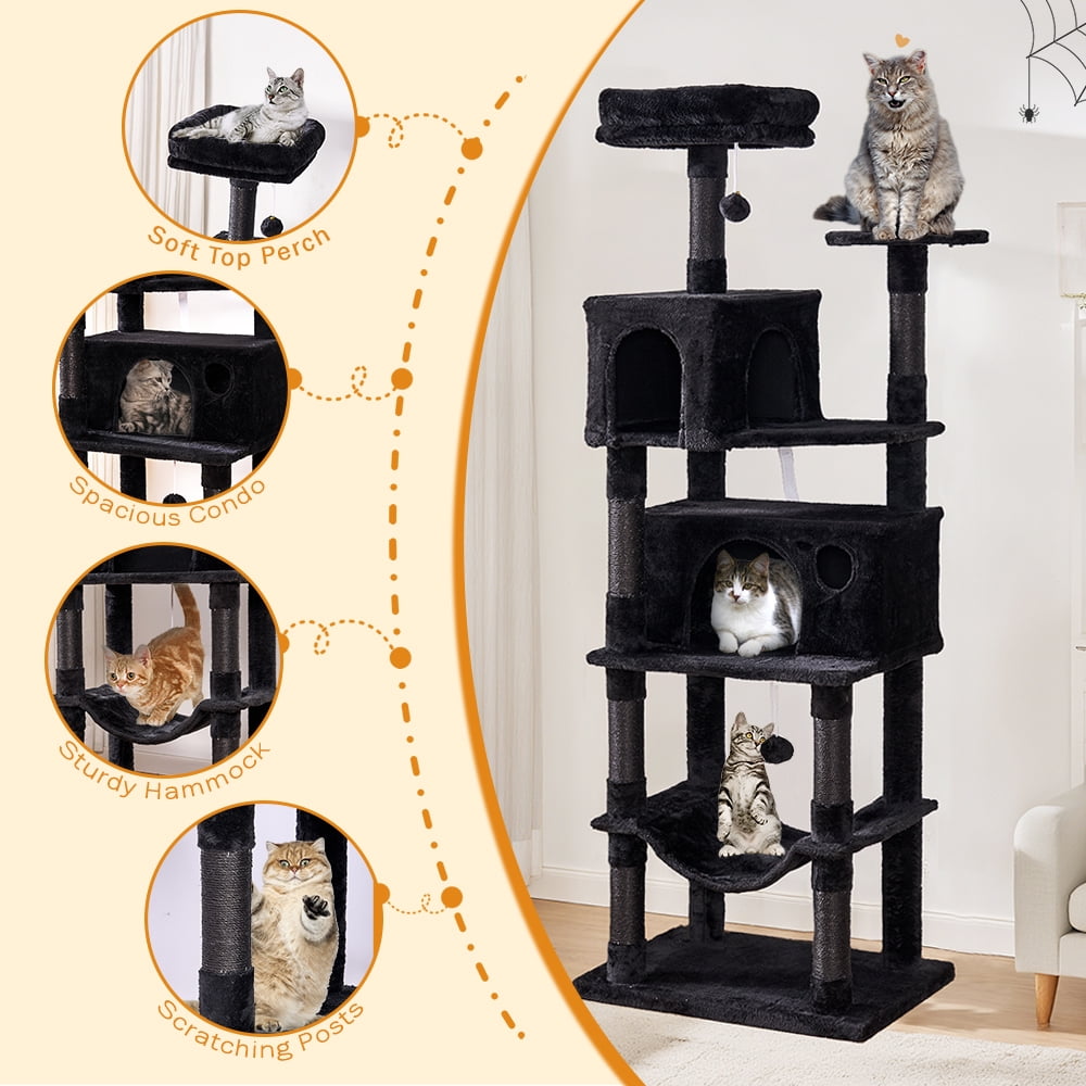 Senbonry 67in Heavy Duty Cat Tree for Indoor Cats Large Adult,Tall Cat Climbing Tower with Hammock,Sisal Scratching Post,Basket,Removable Perch,Condo,Black