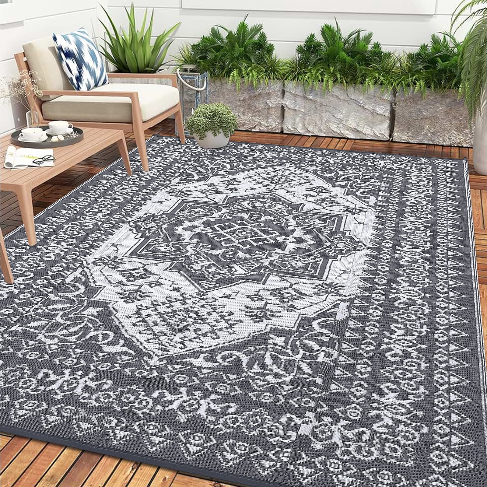 Haperlare 9x12ft Boho Outdoor Rugs Waterproof Reversible Plastic Straw Rug, Large Vintage Medallion RV Camping Carpet  for Deck, Picnic, Beach, Pool, Garden, Gray and White