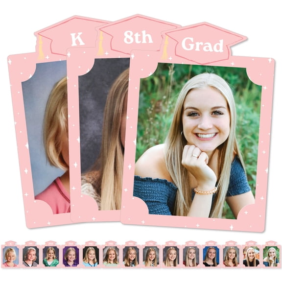 Big Dot of Happiness Pink Grad K-12 School Photo Display Frame, 8x10-inch Graduation Memory Wall, Professional Photo Holder Set, DIY Graduation Party Decorations, Picture Display Board