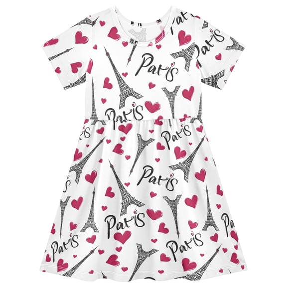 joogoo Eiffel Tower and Hearts Girls' Short Sleeve Dress Kids Dresses 5-6T
