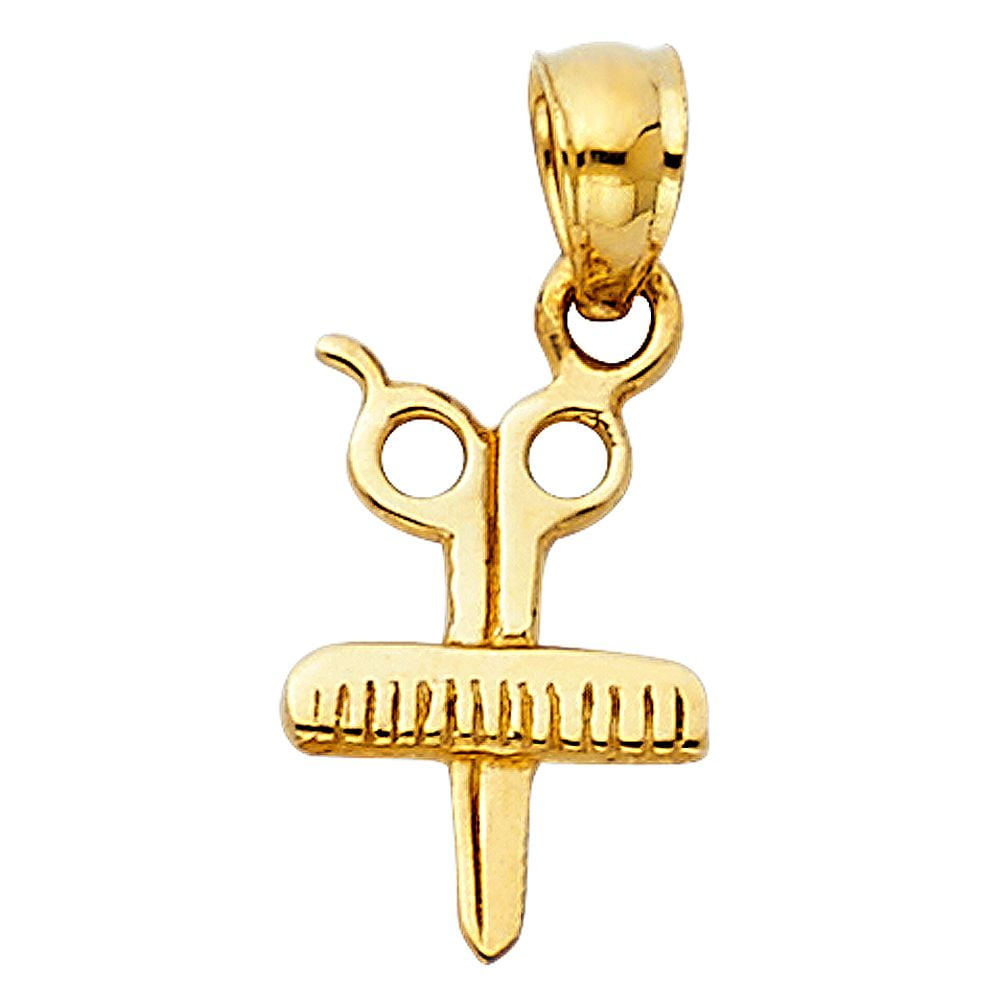Polished 14K Solid Yellow Gold Scissors and Comb Pendant