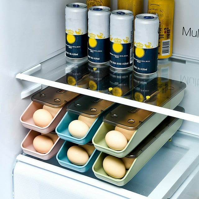Egg Storage Box Auto Scrolling Egg Holder Stackable Egg Container Organizer with Lid Household Space Saving Egg Tray for Home Refrigerator Kitchen Cupboard
