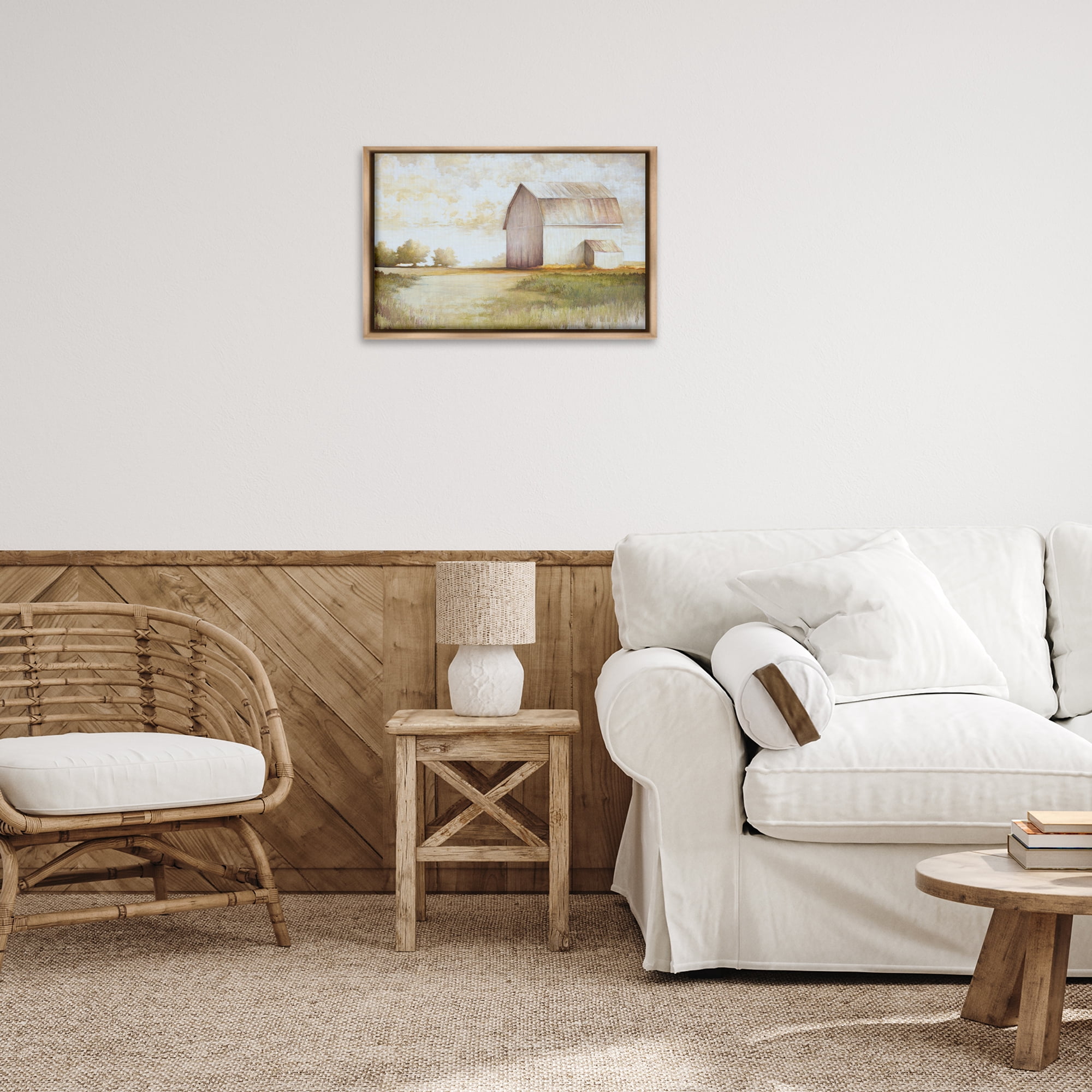 Stupell Industries Neutral Distant Barn Landscape Painting Brown Floater Framed Canvas Art Print Wall Art, 25 x 17