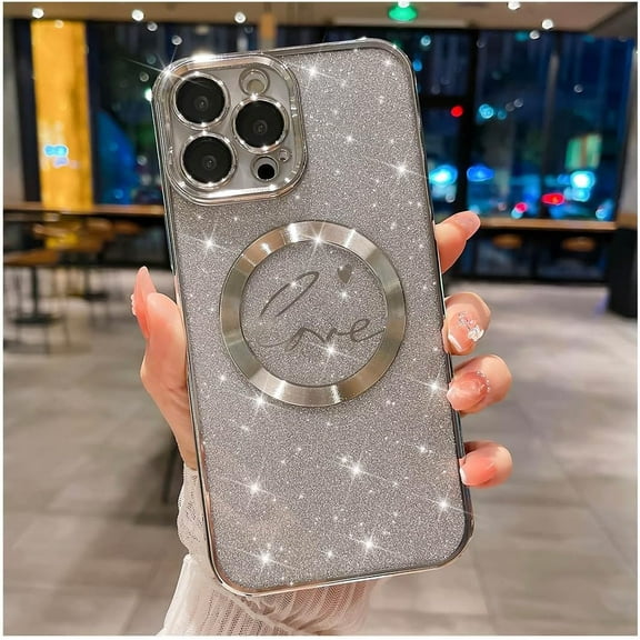 iPhone 13 Pro Max case, Compatible with MagSafe Luxury Glitter Bling Plating Love with Cute Heart Phone Case Full Camera Lens Protection Magnetic Case for Women Girls Back Cover(Silver)