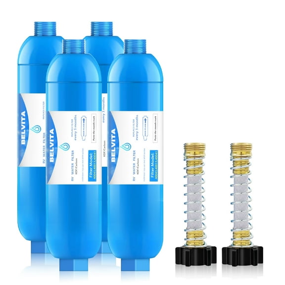 RV Inline Water Filter with Flexible Hose Protector, Dedicated for RVs and Marines, Reduces Lead, Fluoride, Chlorine, Bad Taste&Odor, (4 Pack)