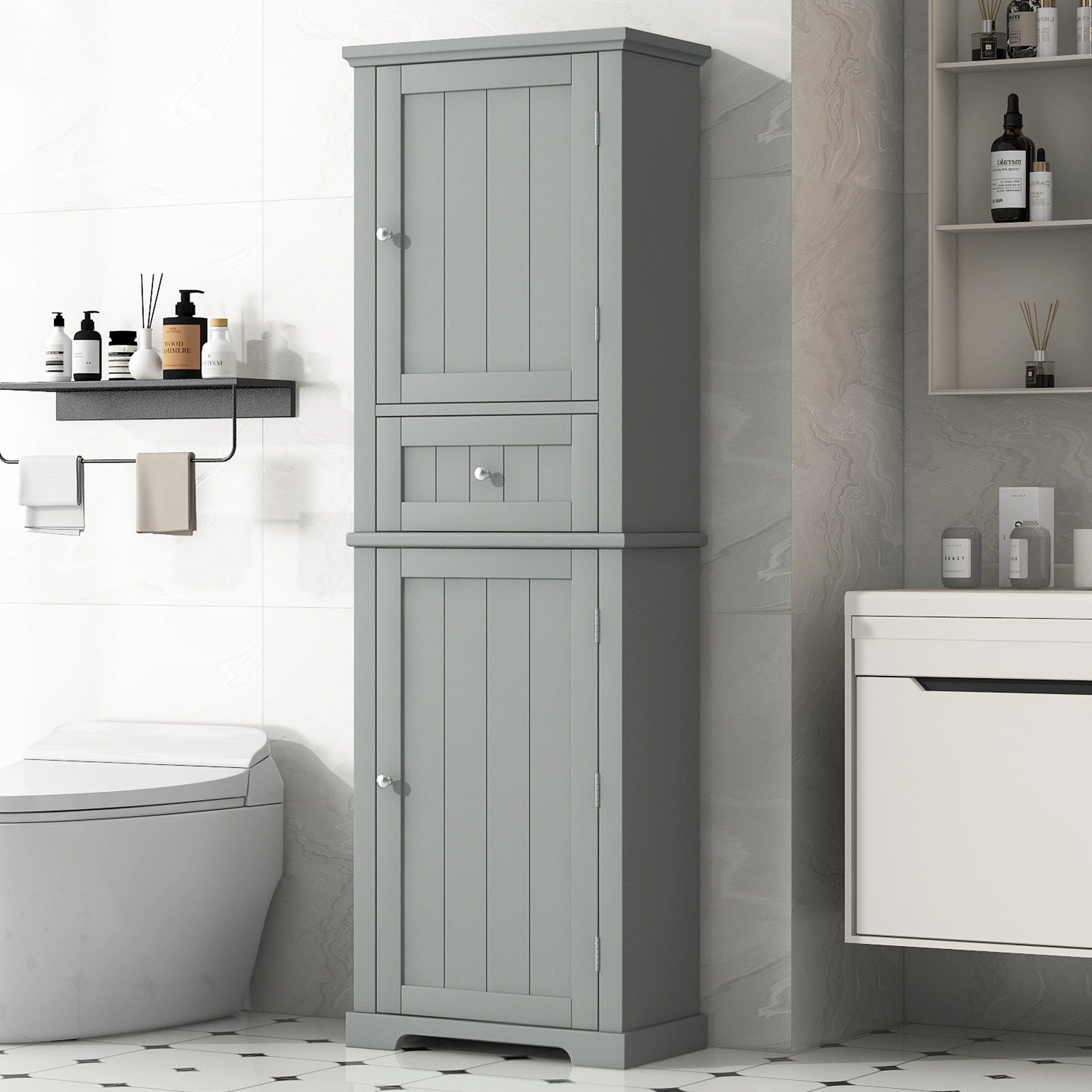 Tall Bathroom Storage Cabinet with Drawer and Adjustable Shelf, MDF, Grey