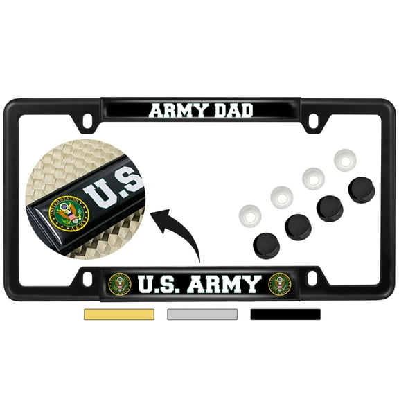 [Officially Licensed Product] - U.S. Army Dad - Domed Custom-Made Personalized Narrow (Thin) Top 4 Hole Metal Car License Plate Frame with Free caps - Black (Qty: 1 Frame)