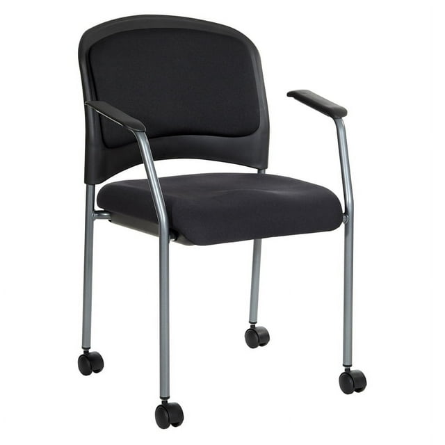 Office Star Padded Coal FreeFlex Mesh Seat Visitors Chair with Armrests, Upholstered Contour Back, Titanium Finish Frame, and Dual Wheel Carpet Casters, Black