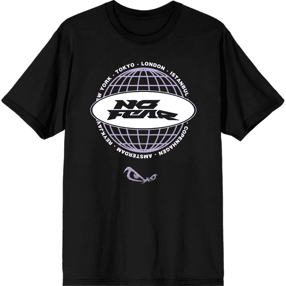 No Fear Lavender Grid Globe With Logo  Adult Black Crew Neck Short Sleeve Tee-Medium