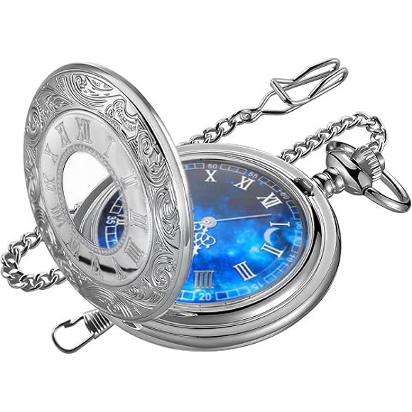 Reloj de bolsillo Tiong 4,5 cm con números romanos y cielo estrellado azul