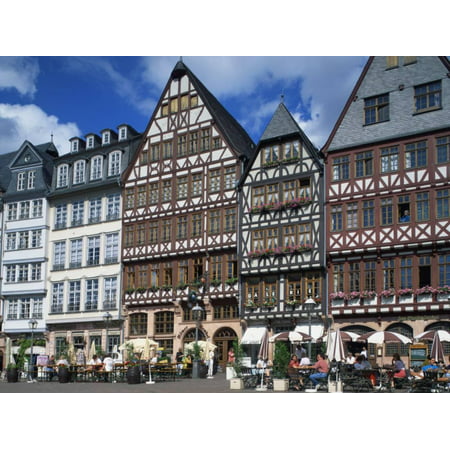 Street Scene with Pavement Cafes, Bars and Timbered Houses in the Romer Area of Frankfurt, Germany Print Wall Art By Tovy