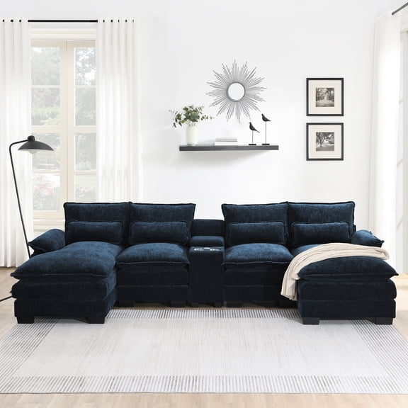 MODERNLUXE 123" Oversized Modular Sectional Sofa,U-Shaped 6 Seat Comfy Cloud Couch with Console,Cup Holders,Charging Station & Throw Pillows, Modern Chenille Sofa Couch with Chaise for Living Room