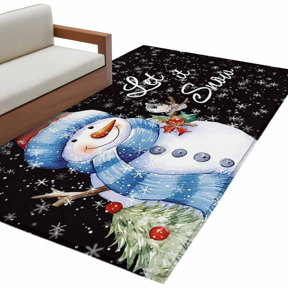 Christmas Snowman Area Rug 3x5 FT, Non Slip Entryway Bedside Carpet, Xmas Birds Winter Snowflake Classic Black Washable Soft Floor Carpet Indoor Mat Throw Rug for Dorm Kitchen Home Office