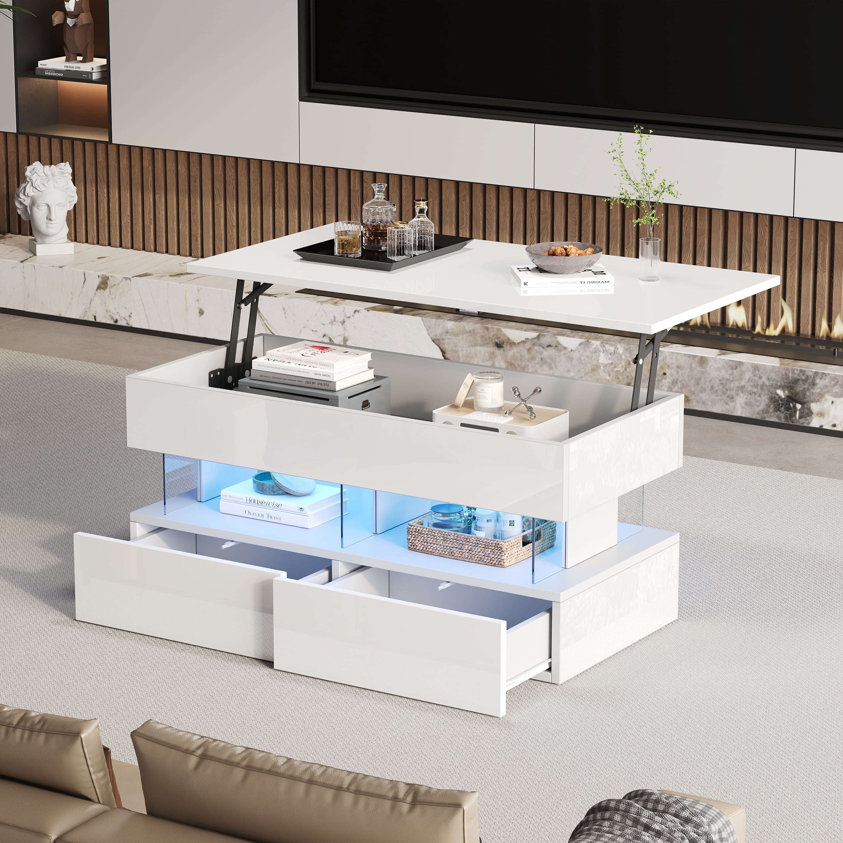 Table basse relevable Noble House avec éclairage DEL et 2 tiroirs, blanche