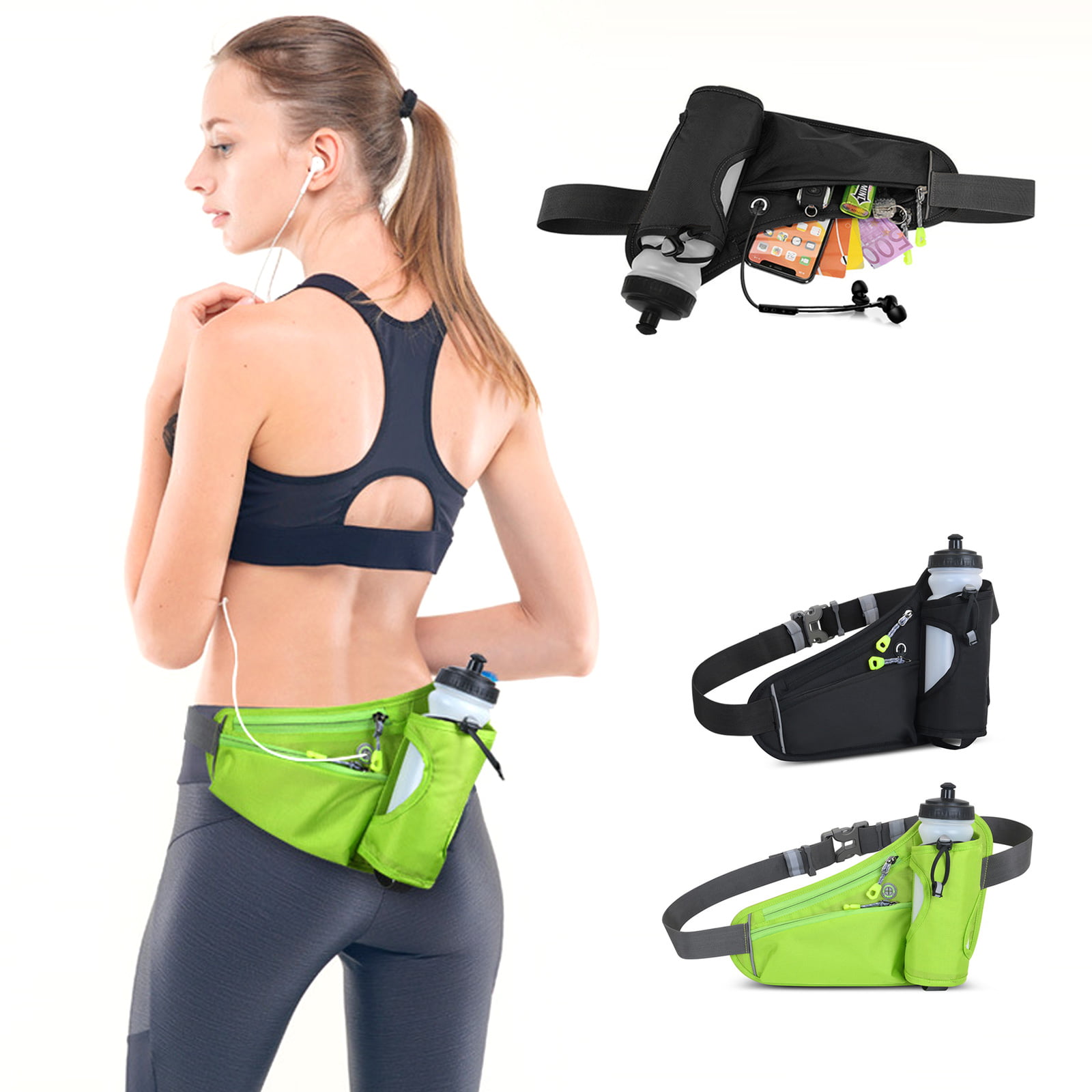 HAISSKY Running Waist Belt with Water Bottle Holder Waterproof Sports Waist Pack with Reflective Strip for Jogging Running Walking Cycling Hiking Fit for Men and Women 
