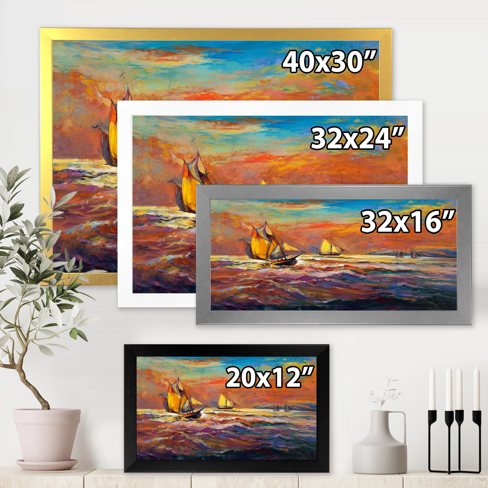 Sail ships On The Ocean Waves During Orange Evening Glow 40 in x 30 in Framed Painting Canvas Art Print, by Designart
